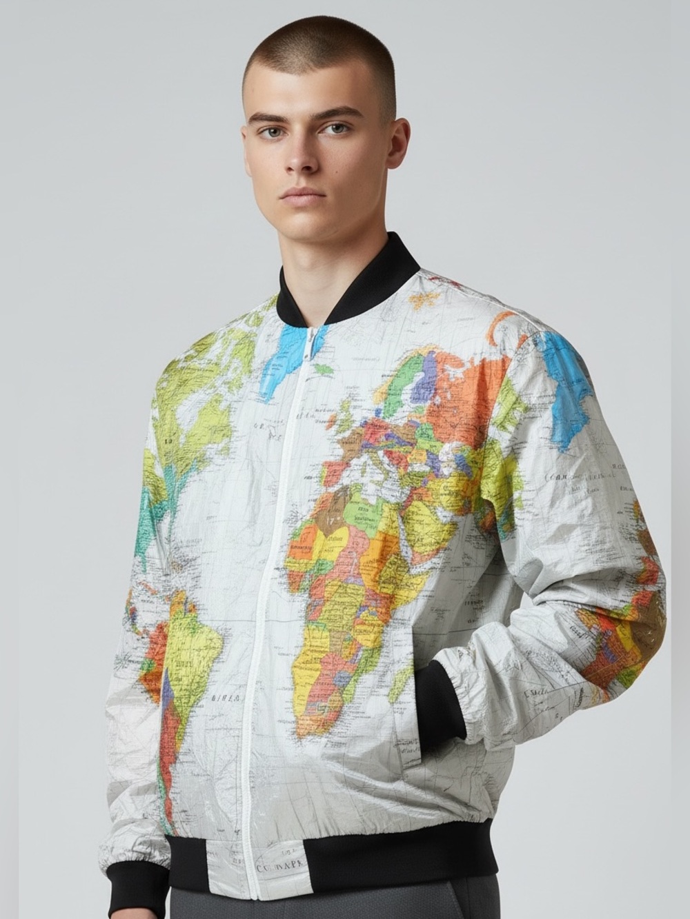 1990s Vintage “Wearin’ The World” World Map Bomber Paper Jacket XXL